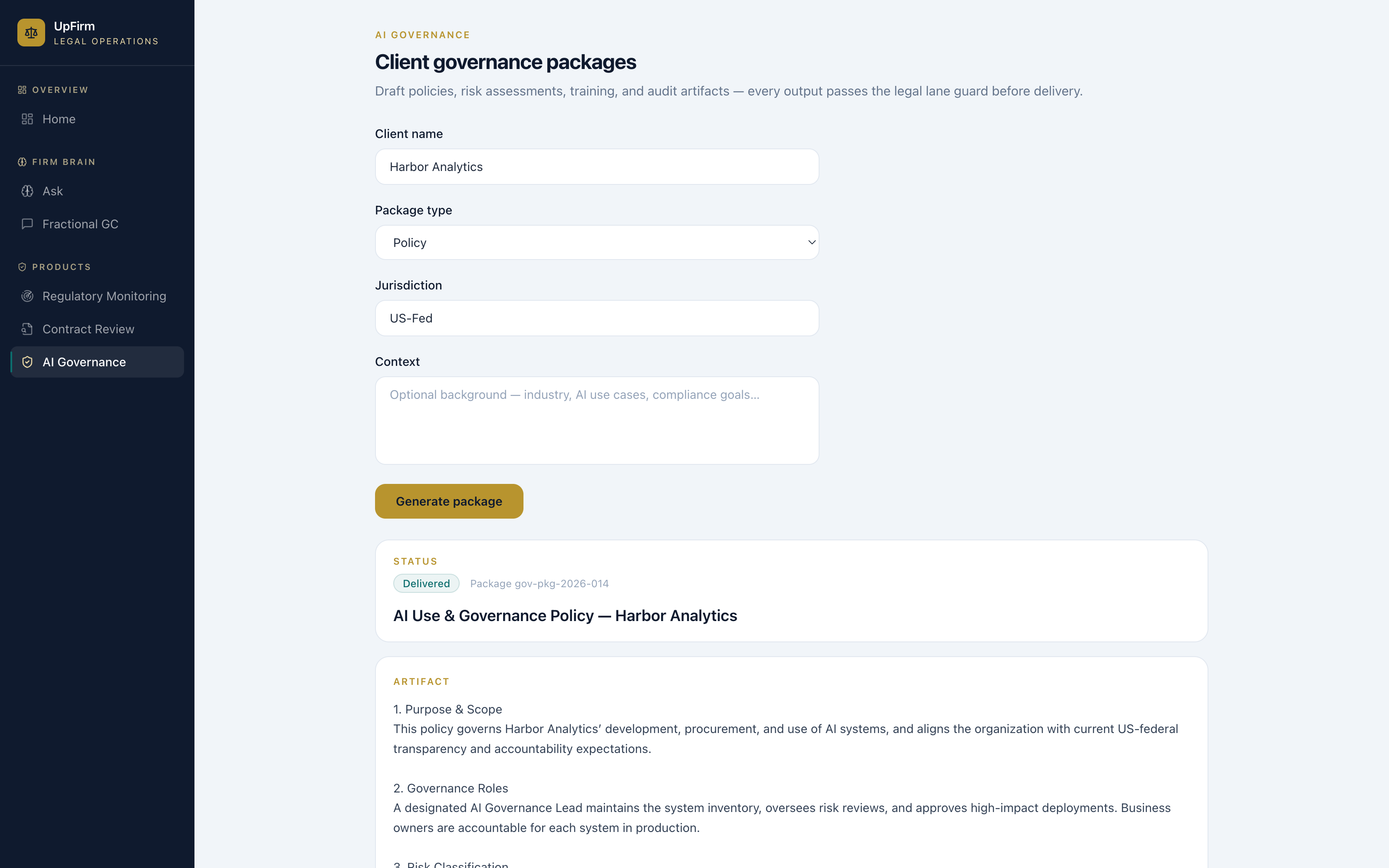 AI governance package generator drafting an AI Use & Governance Policy artifact for a client