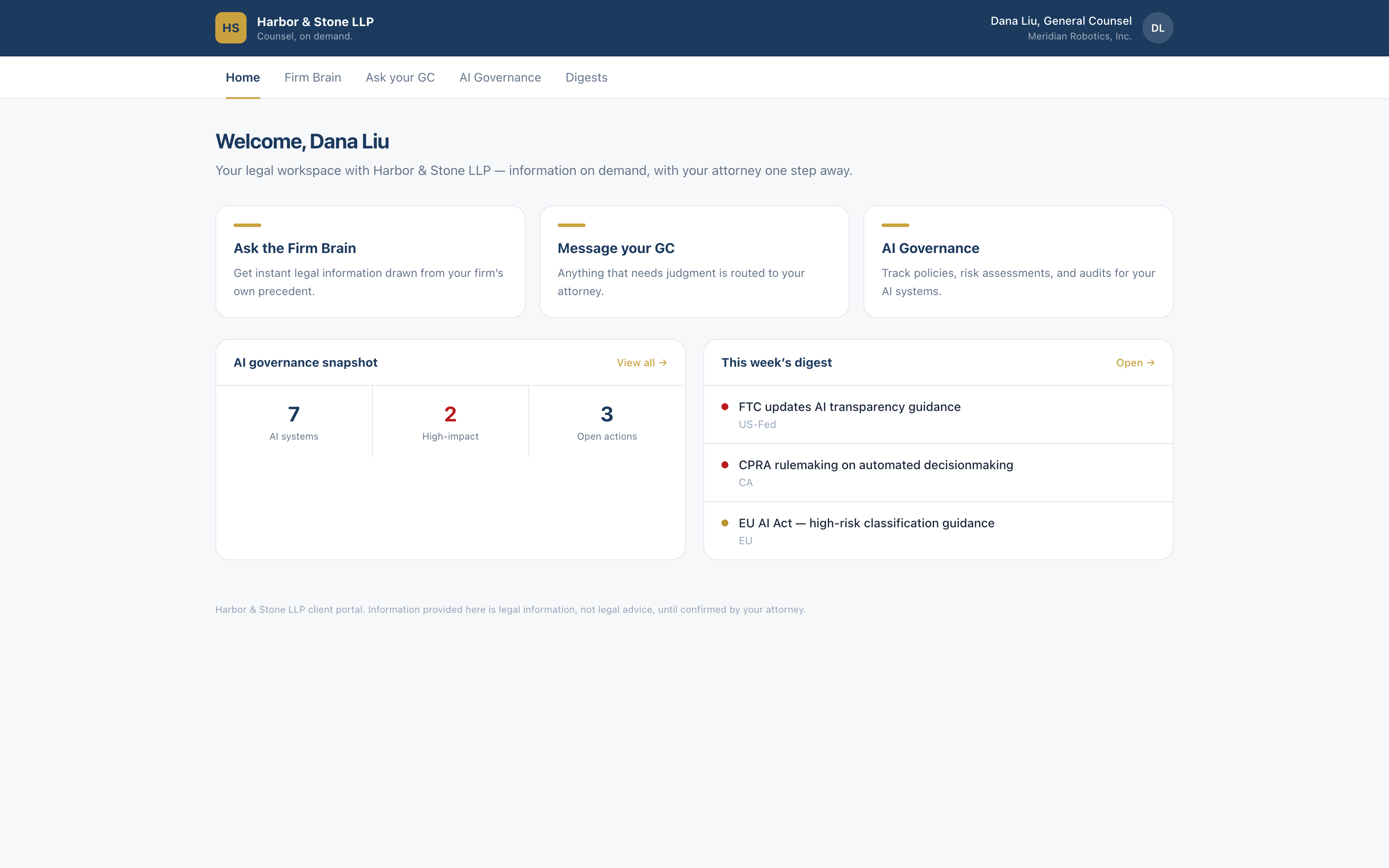 White-label client portal home branded as Harbor & Stone LLP