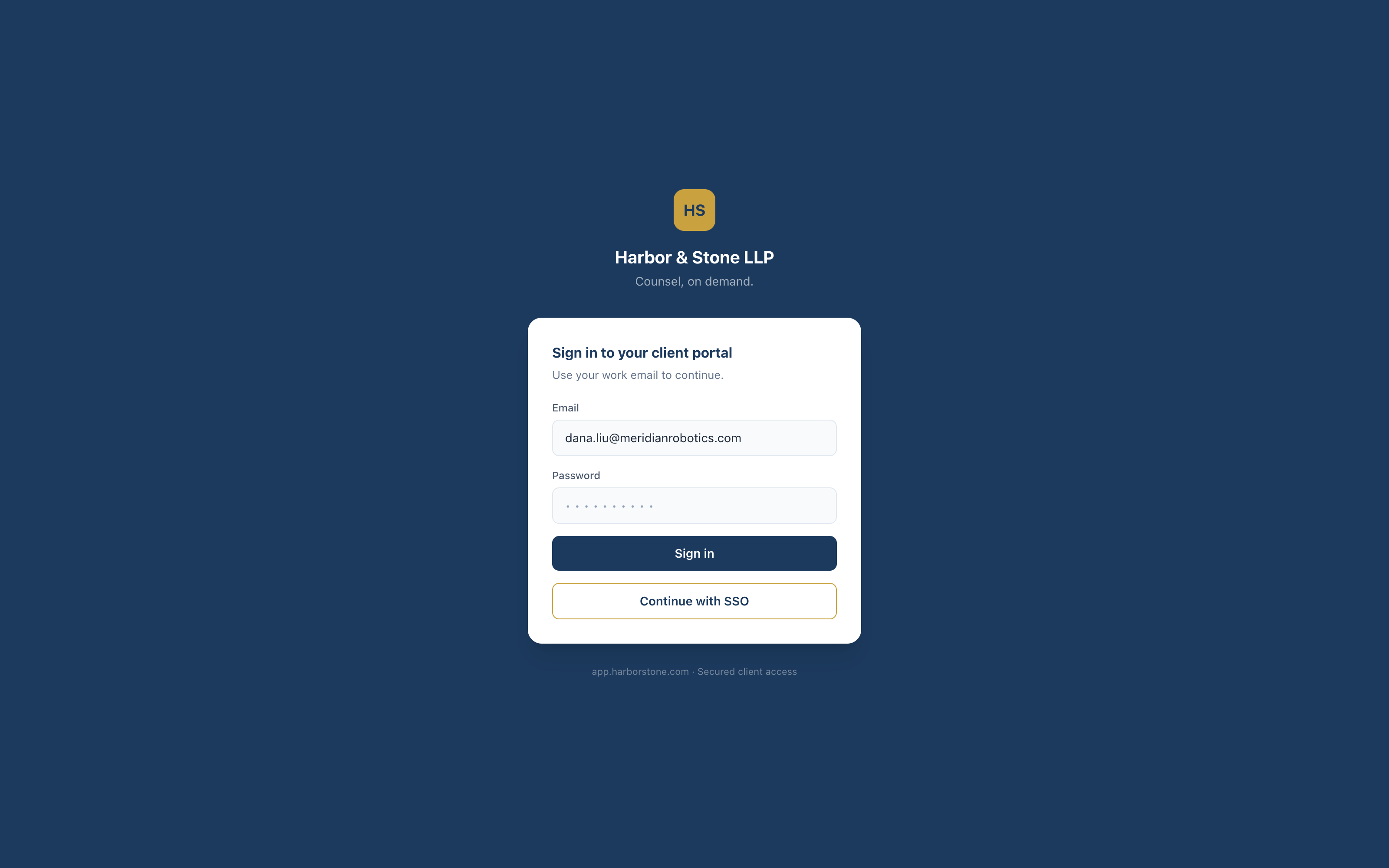 Branded client-portal login screen on the firm’s own domain with the firm’s logo and SSO option